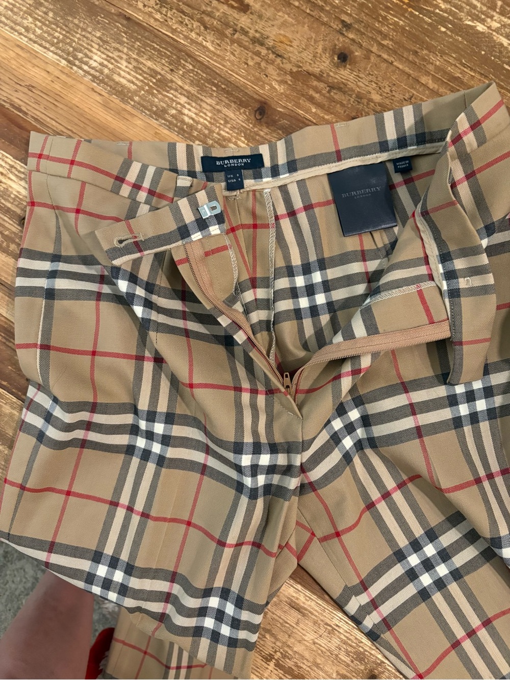 Burberry Beige Plaid Straight-Leg Pants with Red & Black Accents